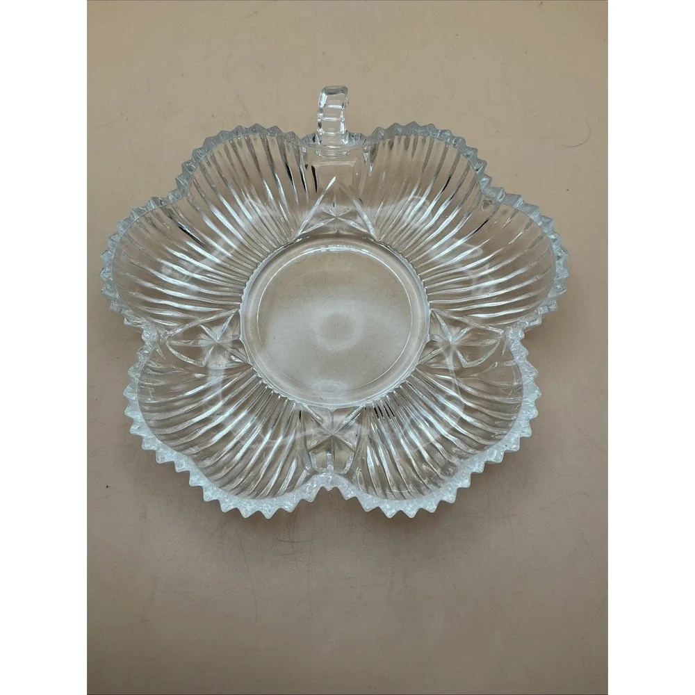 Vintage Clear Pressed Glass Petal Nappies Handled‎ Scalloped Ribbed Pair